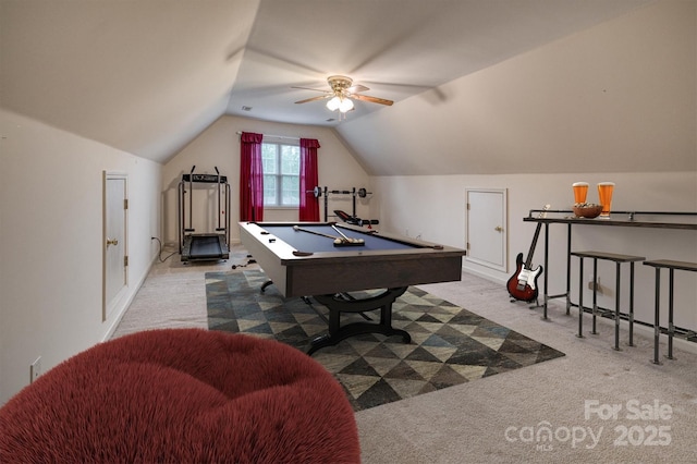game room with pool table, carpet, vaulted ceiling, baseboards, and a ceiling fan