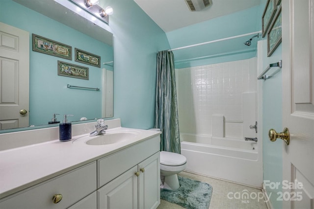 bathroom featuring toilet, shower / bathtub combination with curtain, vanity, and visible vents