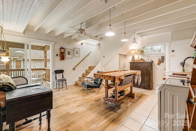 19 Castle St, Asheville, NC 28803 - living room featuring ceiling fan, stairs, beam ceiling, light wood-type flooring, and washer / dryer