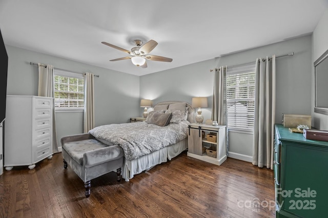2100 Shadyview Dr, Charlotte, NC 28210 - bedroom with dark wood-type flooring, ceiling fan, and baseboards