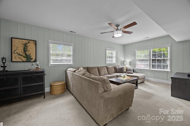 2100 Shadyview Dr, Charlotte, NC 28210 - living area with carpet, a ceiling fan, and baseboards
