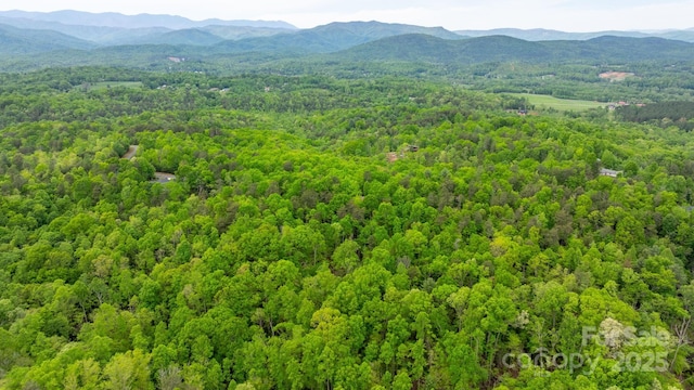 drone / aerial view with a mountain view and a forest view