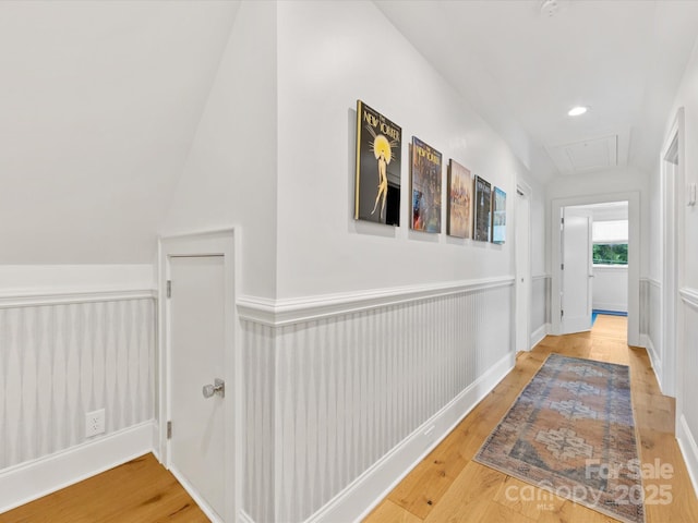1614 Brook Rd, Charlotte, NC 28205 - hallway featuring attic access, wood finished floors, and recessed lighting