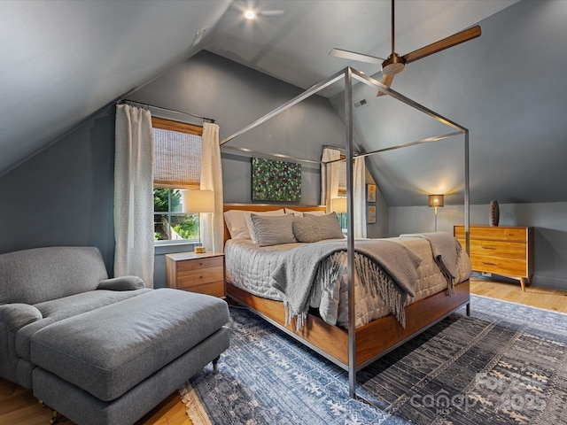 1614 Brook Rd, Charlotte, NC 28205 - bedroom featuring a ceiling fan, visible vents, wood finished floors, and lofted ceiling
