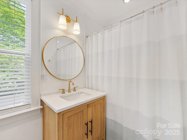 1614 Brook Rd, Charlotte, NC 28205 - full bathroom with a shower with shower curtain, vanity, a healthy amount of sunlight, and recessed lighting
