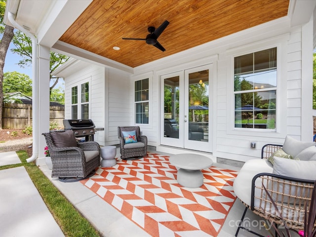 1614 Brook Rd, Charlotte, NC 28205 - view of patio featuring fence, french doors, an outdoor living space, grilling area, and a ceiling fan