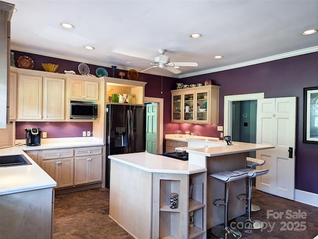 311 W Union St, Morganton, NC 28655 - kitchen featuring open shelves, stainless steel microwave, ceiling fan, and ornamental molding