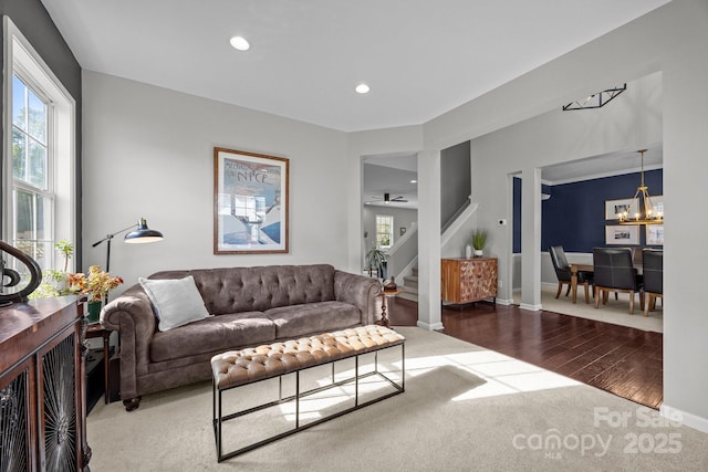 347 Wildbriar Rd Unit 28, Fletcher, NC 28732 - carpeted living area with healthy amount of natural light, stairs, recessed lighting, a chandelier, and baseboards