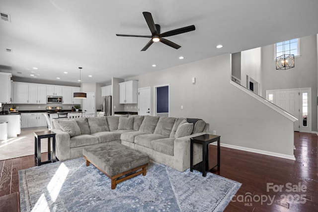 347 Wildbriar Rd Unit 28, Fletcher, NC 28732 - living area with a ceiling fan, baseboards, recessed lighting, dark wood finished floors, and a chandelier
