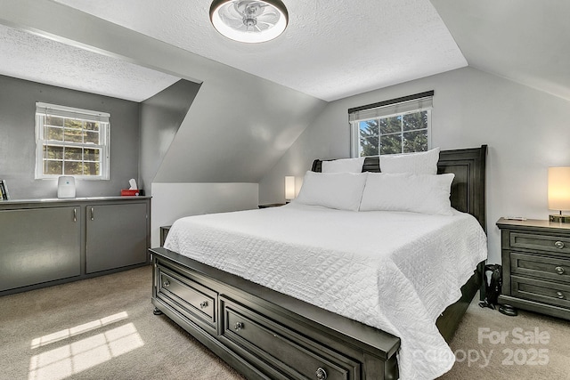 bedroom featuring light colored carpet, a textured ceiling, and lofted ceiling