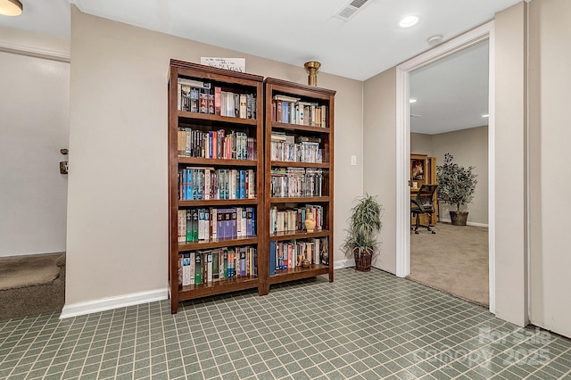 hallway with baseboards, carpet flooring, recessed lighting, and visible vents