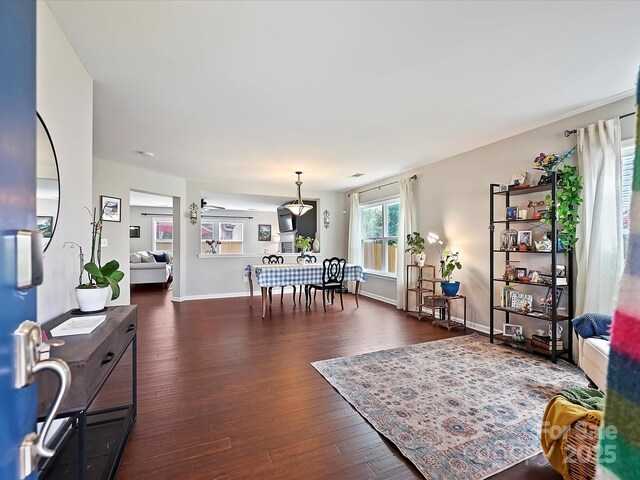 living area featuring dark wood finished floors and baseboards