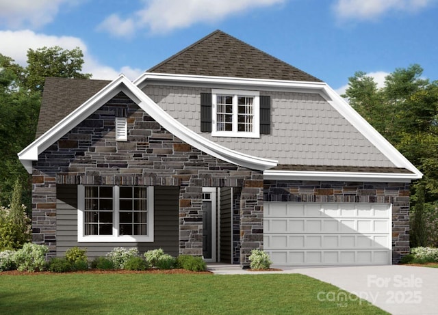 1239 Yellow Springs Dr, Huntersville, NC 28078 - craftsman inspired home featuring driveway, stone siding, a front lawn, and a shingled roof