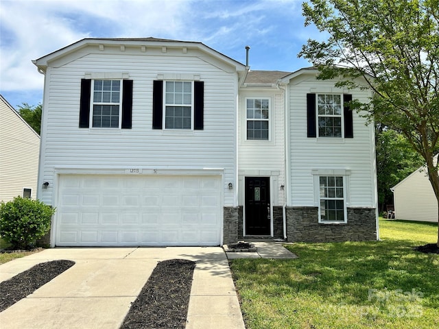 12713 Frank Wiley Ln, Charlotte, NC 28278 - view of front of property with a garage, concrete driveway, a front yard, and stone siding