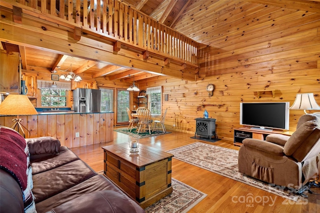 3110 Mentink Way, Nebo, NC 28761 - living area featuring a chandelier, wooden walls, a wood stove, light wood-type flooring, and wooden ceiling