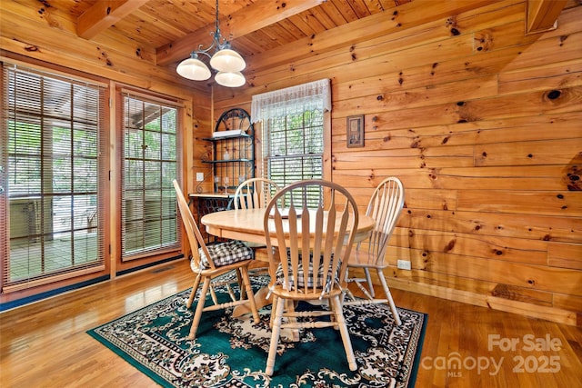 3110 Mentink Way, Nebo, NC 28761 - dining room with a chandelier, plenty of natural light, wood ceiling with exposed beams, wood walls, and wood finished floors