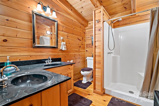 3110 Mentink Way, Nebo, NC 28761 - full bath with wood finished floors, toilet, wood ceiling, double vanity, and a shower with shower curtain