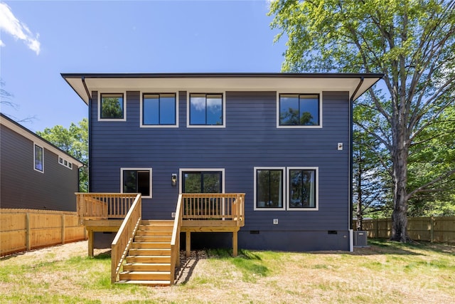 554 W Cama St, Charlotte, NC 28217 - rear view of house featuring crawl space, a deck, stairway, and central AC