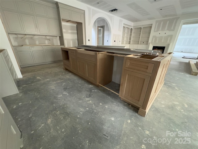 3030 Brookridge Ln, Charlotte, NC 28211 - kitchen with unfinished concrete flooring, a fireplace, and open floor plan