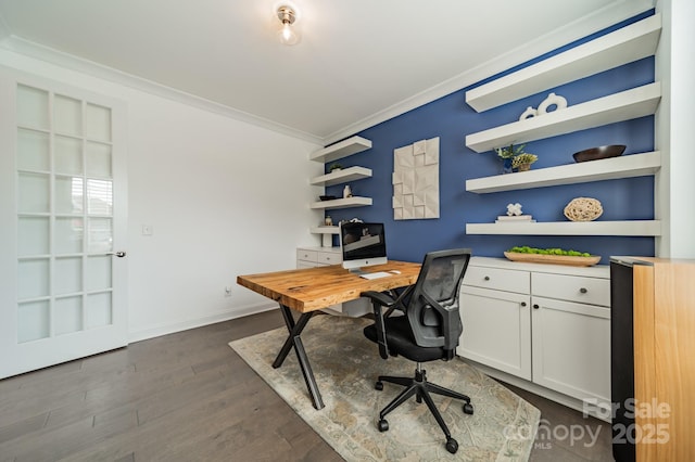 office with crown molding, baseboards, and dark wood-style floors