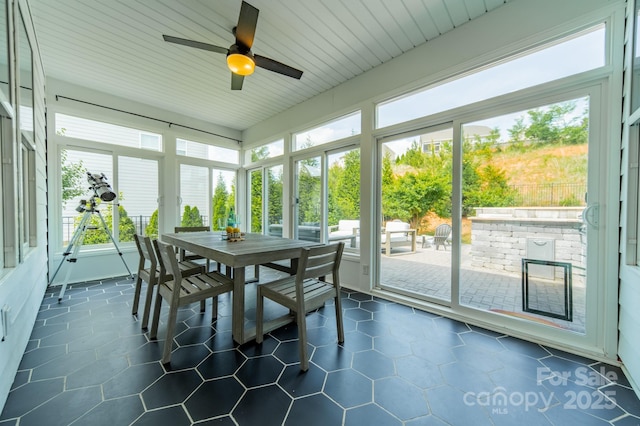sunroom / solarium featuring a ceiling fan and a wealth of natural light