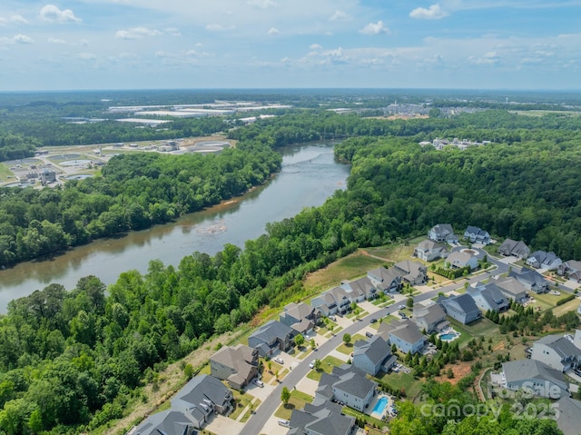 bird's eye view with a residential view, a view of trees, and a water view