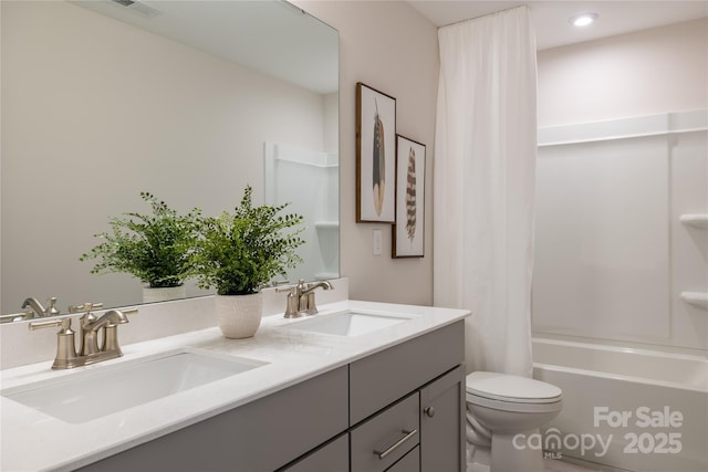 12017 Grinstead Ln Unit 301, Charlotte, NC 28278 - bathroom with toilet, double vanity, shower / tub combo with curtain, and recessed lighting