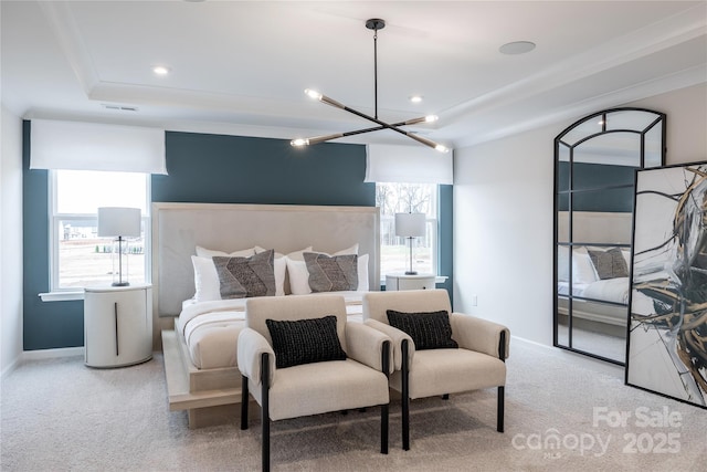 12017 Grinstead Ln Unit 301, Charlotte, NC 28278 - bedroom with a chandelier, carpet flooring, baseboards, recessed lighting, and a tray ceiling