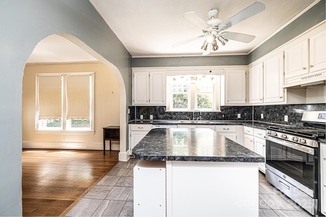 625 2nd St NE, Hickory, NC 28601 - kitchen featuring gas stove, under cabinet range hood, arched walkways, white cabinets, and dark countertops