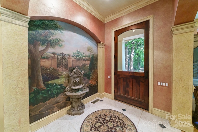 3400 Baucom Manor Rd, Monroe, NC 28110 - foyer entrance with tile patterned flooring, crown molding, baseboards, and a textured wall