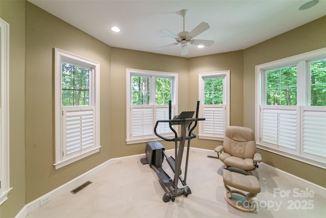 3400 Baucom Manor Rd, Monroe, NC 28110 - exercise room with carpet flooring, baseboards, ceiling fan, and recessed lighting