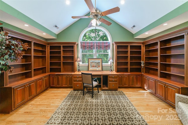 3400 Baucom Manor Rd, Monroe, NC 28110 - office featuring built in study area, ceiling fan, light wood-type flooring, vaulted ceiling, and recessed lighting