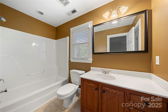 full bathroom with vanity, tile patterned floors, toilet, and shower / tub combination