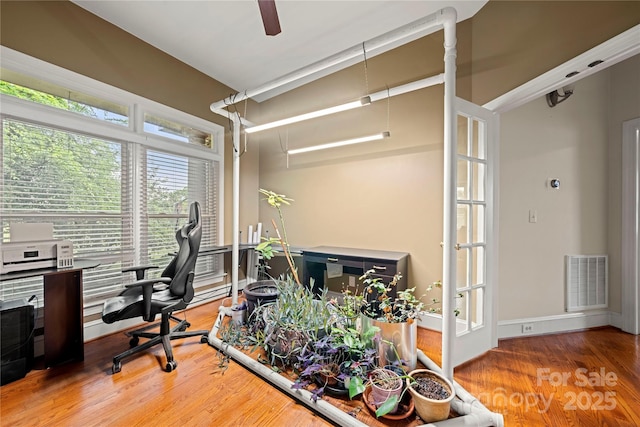office area featuring ceiling fan, wood finished floors, and baseboards