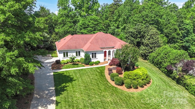 view of front of property featuring concrete driveway, a front lawn, and stucco siding