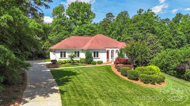 view of front facade with driveway, stucco siding, and a front lawn