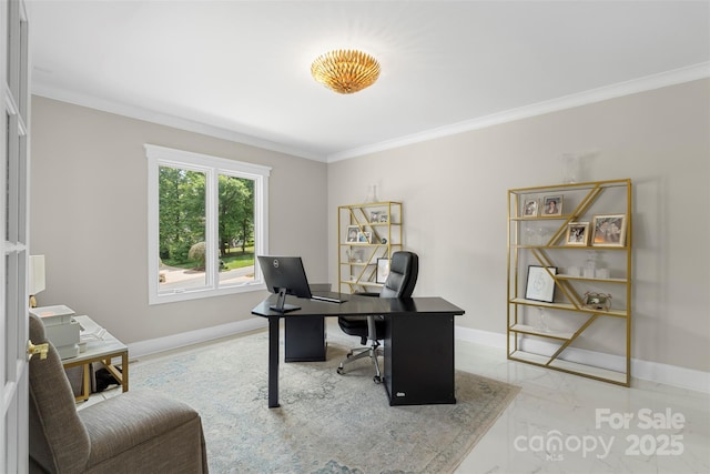 office featuring crown molding, light marble finish floors, and baseboards