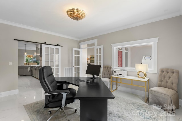 office with baseboards, french doors, crown molding, light marble finish floors, and a sink