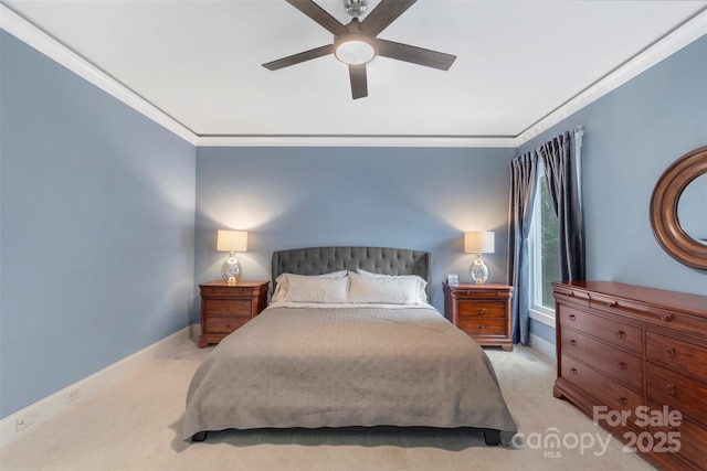 bedroom with light colored carpet, crown molding, ceiling fan, and baseboards