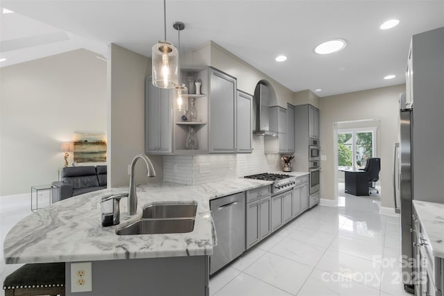 1004 Berwick Ct, Waxhaw, NC 28173 - kitchen featuring a sink, gray cabinetry, stainless steel appliances, open shelves, and wall chimney exhaust hood
