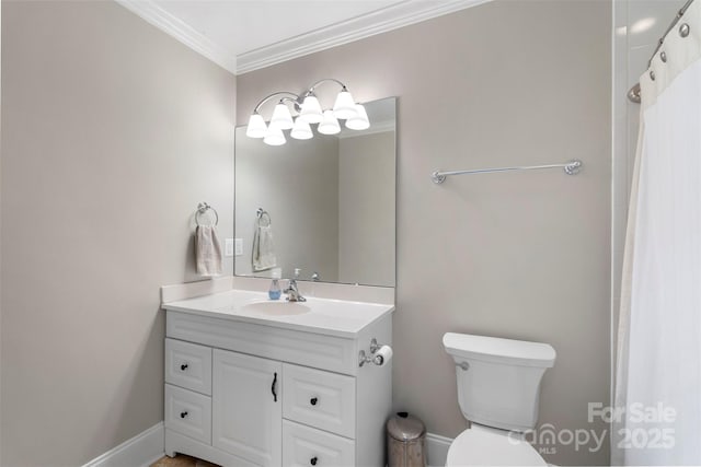 1004 Berwick Ct, Waxhaw, NC 28173 - bathroom featuring vanity, toilet, crown molding, baseboards, and a shower with curtain