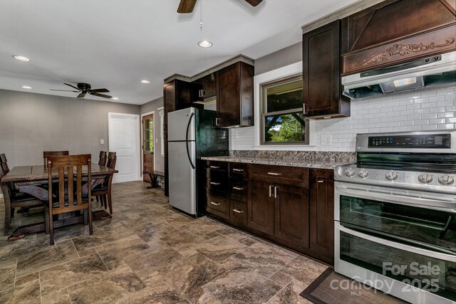 kitchen with stainless steel appliances, ceiling fan, decorative backsplash, and dark brown cabinetry