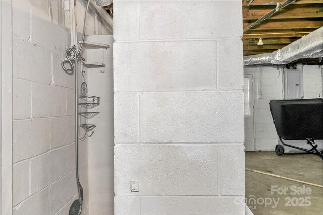 room details featuring unfinished concrete floors and electric panel