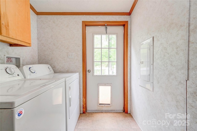 laundry area with electric panel, ornamental molding, cabinet space, and washer and clothes dryer