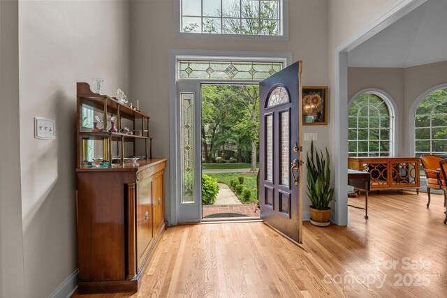 foyer featuring baseboards, a high ceiling, and wood finished floors