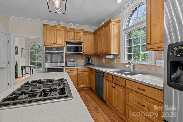 kitchen featuring light countertops, a sink, ornamental molding, and stainless steel appliances