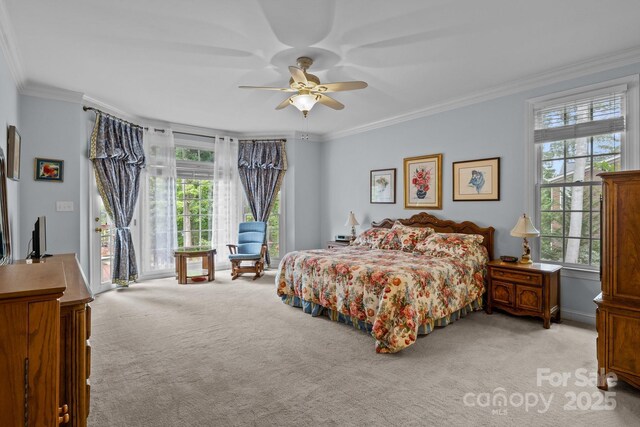 bedroom with carpet flooring, a ceiling fan, access to exterior, and ornamental molding