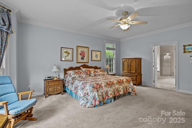 bedroom with baseboards, ornamental molding, carpet, and ceiling fan