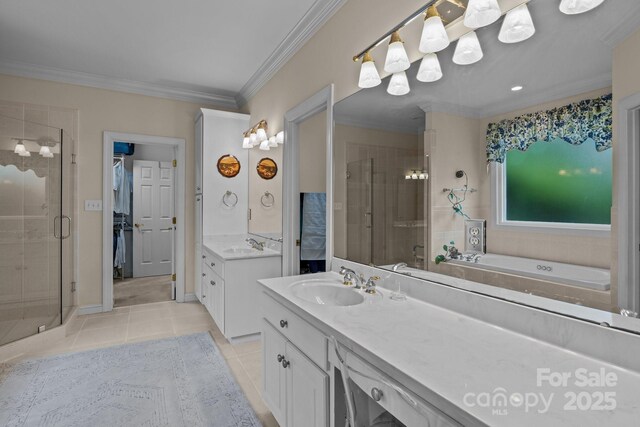 bathroom with a sink, tile patterned floors, crown molding, and a shower stall