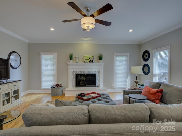 living room with a fireplace, a healthy amount of sunlight, and ornamental molding